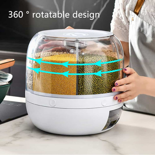Cereal Dispenser Grain Dispenser, 6 Compartment Rice Storage Container, 360° rotating