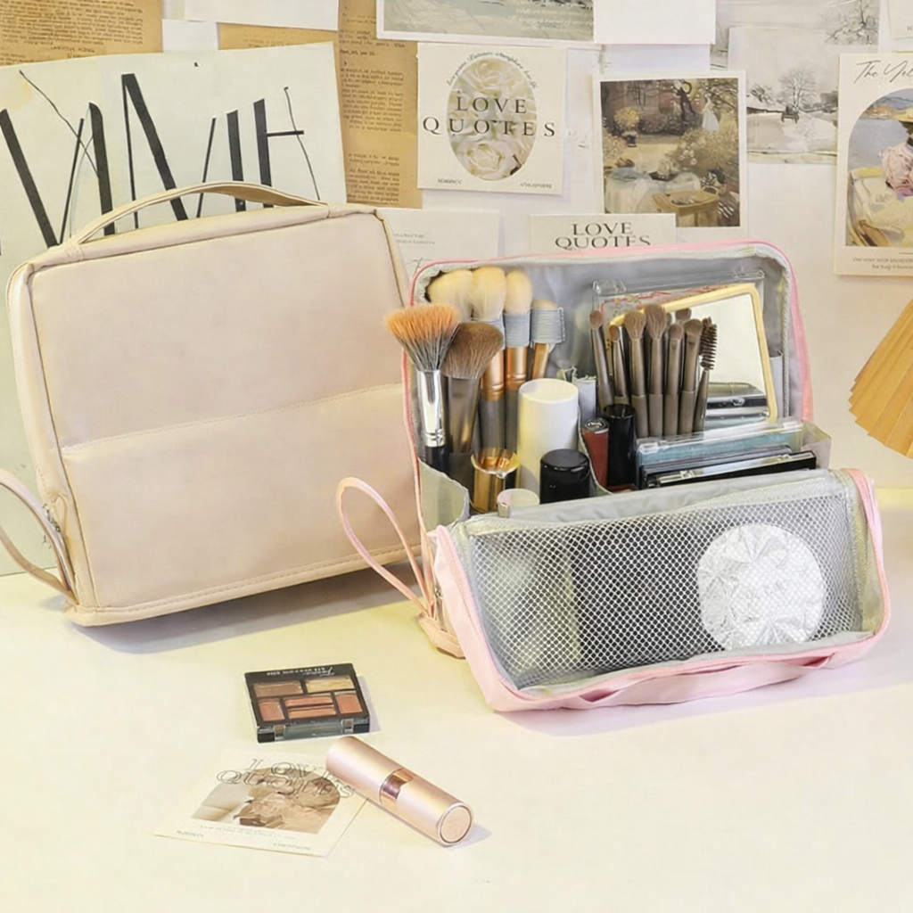 Doresty Standing Makeup Bag, Portable Leather Standing Makeup