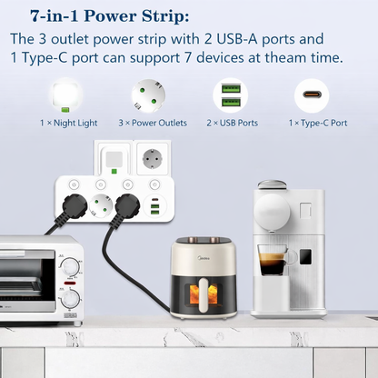 Wall Plug Power Strip with 3 AC Outlets, 2 USB Ports & 1 Type-C
