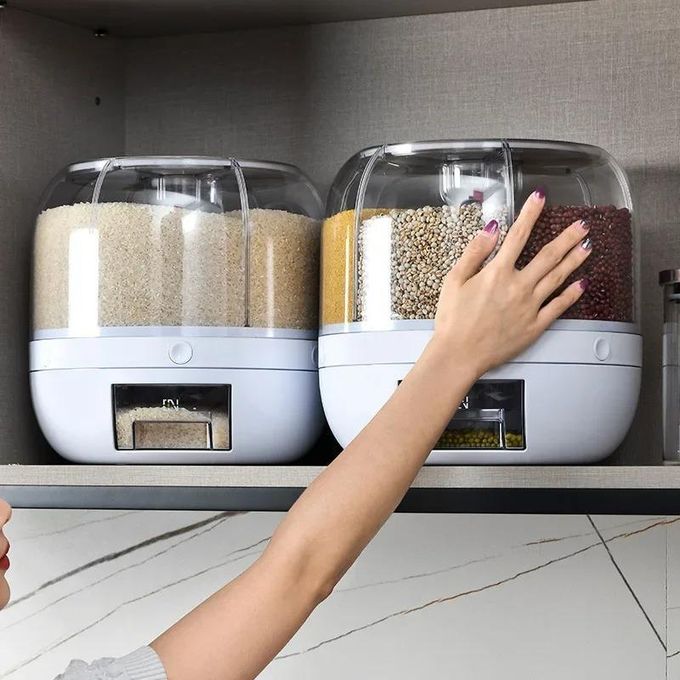 Cereal Dispenser Grain Dispenser, 6 Compartment Rice Storage Container, 360° rotating