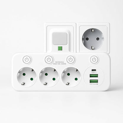 Wall Plug Power Strip with 3 AC Outlets, 2 USB Ports & 1 Type-C
