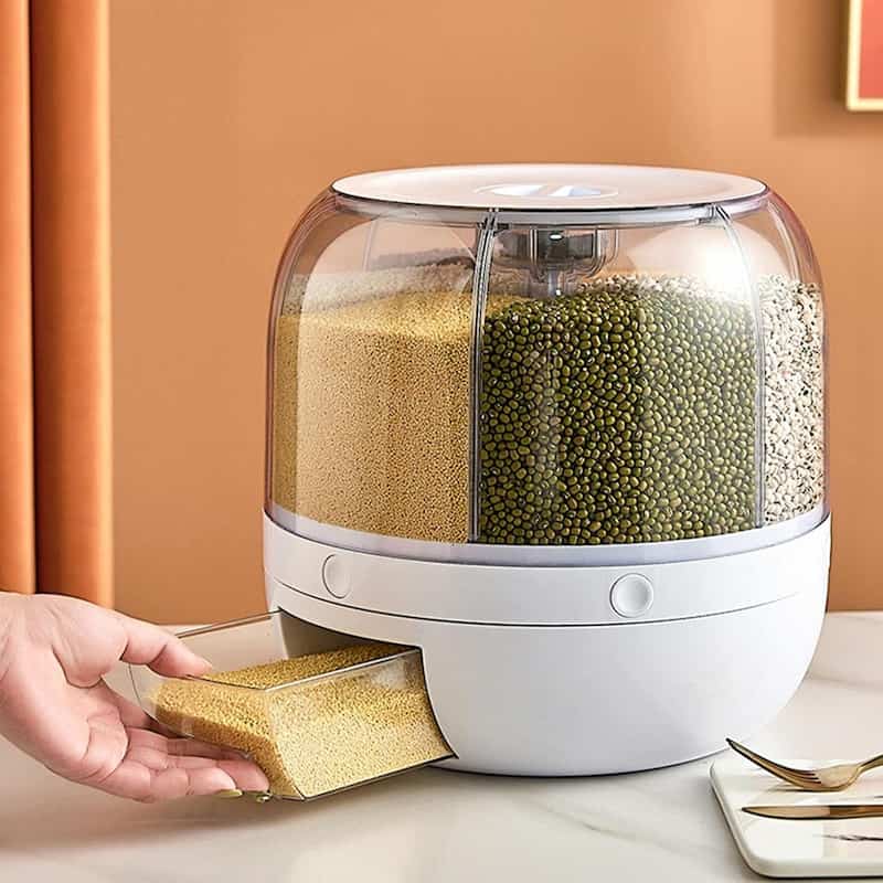 Cereal Dispenser Grain Dispenser, 6 Compartment Rice Storage Container, 360° rotating