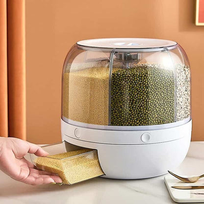 Cereal Dispenser Grain Dispenser, 6 Compartment Rice Storage Container, 360° rotating