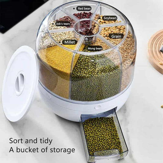 Cereal Dispenser Grain Dispenser, 6 Compartment Rice Storage Container, 360° rotating