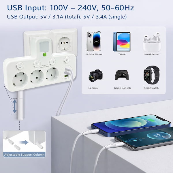 Wall Plug Power Strip with 3 AC Outlets, 2 USB Ports & 1 Type-C