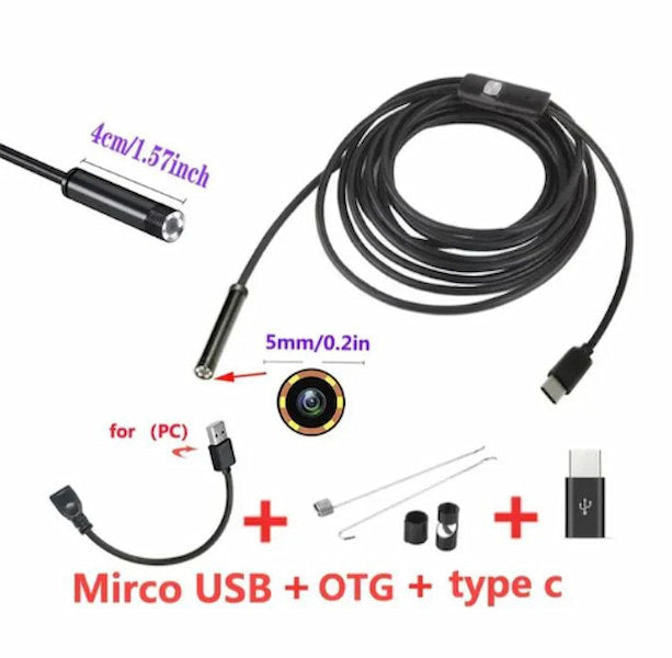 Endoscopic camera for smartphones- 5M USB Type-C Inspection Cable, Flexible, Waterproof, LED