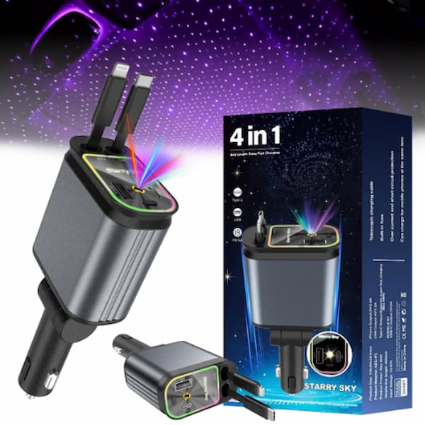 Starlight in Car Roof 4 in 1 Super Fast Car Phone Charger Star Light Retractable Car