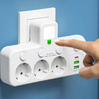 Wall Plug Power Strip with 3 AC Outlets, 2 USB Ports & 1 Type-C