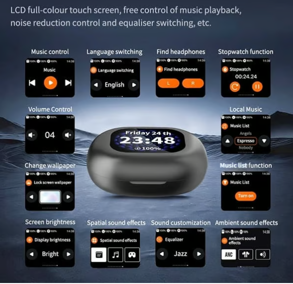 Smart Translation Earbuds Wireless Bluetooth Ear Headphones with Touch Screen, IPX4 Waterproof