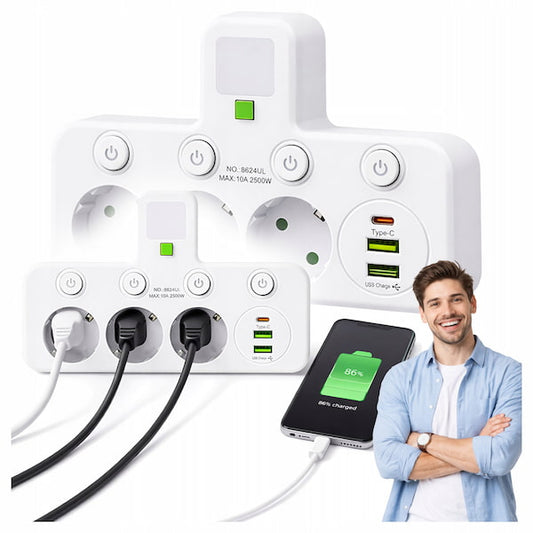 Wall Plug Power Strip with 3 AC Outlets, 2 USB Ports & 1 Type-C