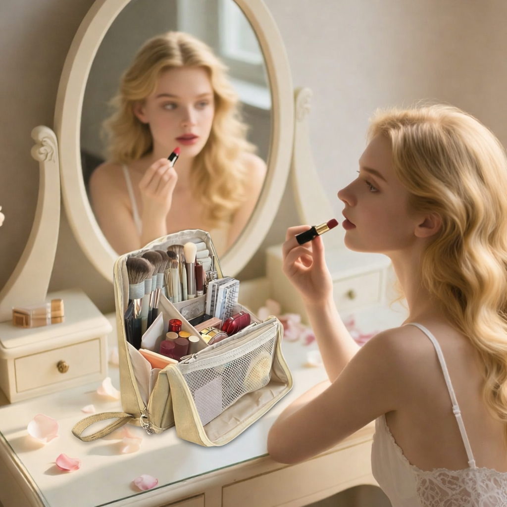 Doresty Standing Makeup Bag, Portable Leather Standing Makeup